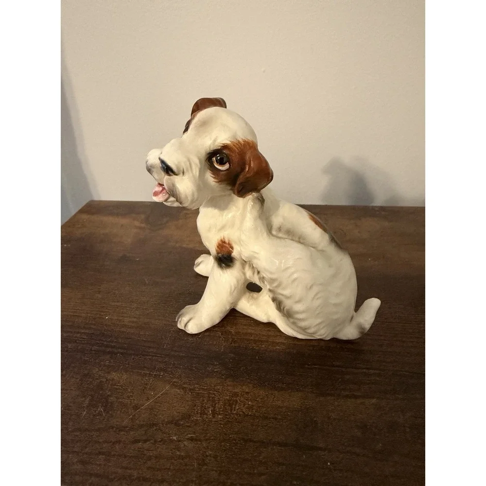Vintage Terrier Puppy Dog Figurine Porcelain Ceramic Brown White Tongue‎ Out 4